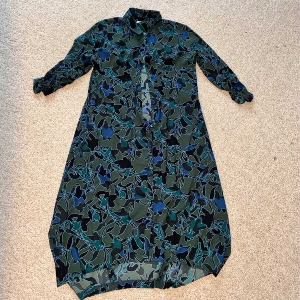 Floral Green and Blue Women's buttoned maxi Dress long sleeve medium